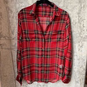Sheer Plaid Long-Sleeve Button Down